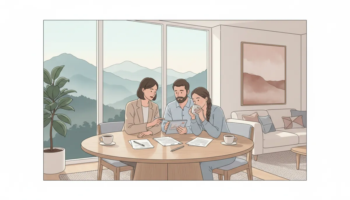 Real estate agent and buyers discussing furnished vs unfurnished sale terms in a Western NC home Real estate agent and buyers discussing furnished vs unfurnished sale terms in a Western NC home