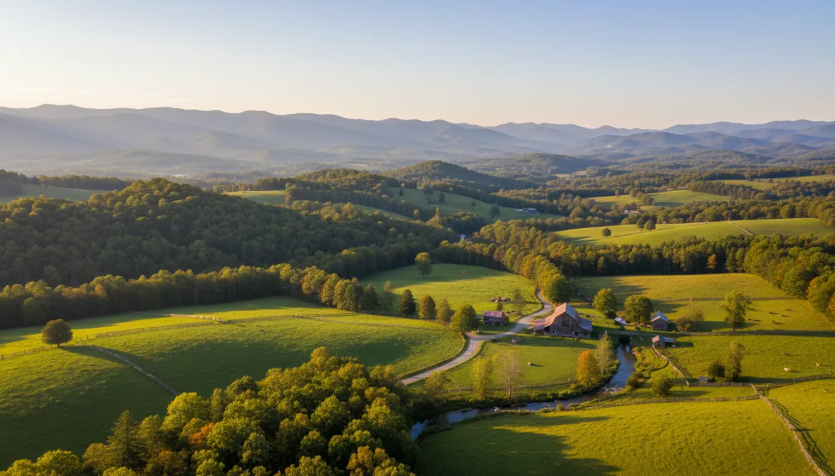 Surveyed Western North Carolina hillside acreage with access road in a professional neutral style Surveyed Western North Carolina hillside acreage with access road in a professional neutral style