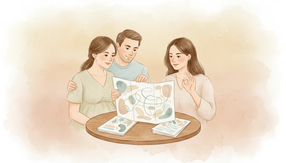 Coach discussing mindful birth plan and techniques with expectant parents