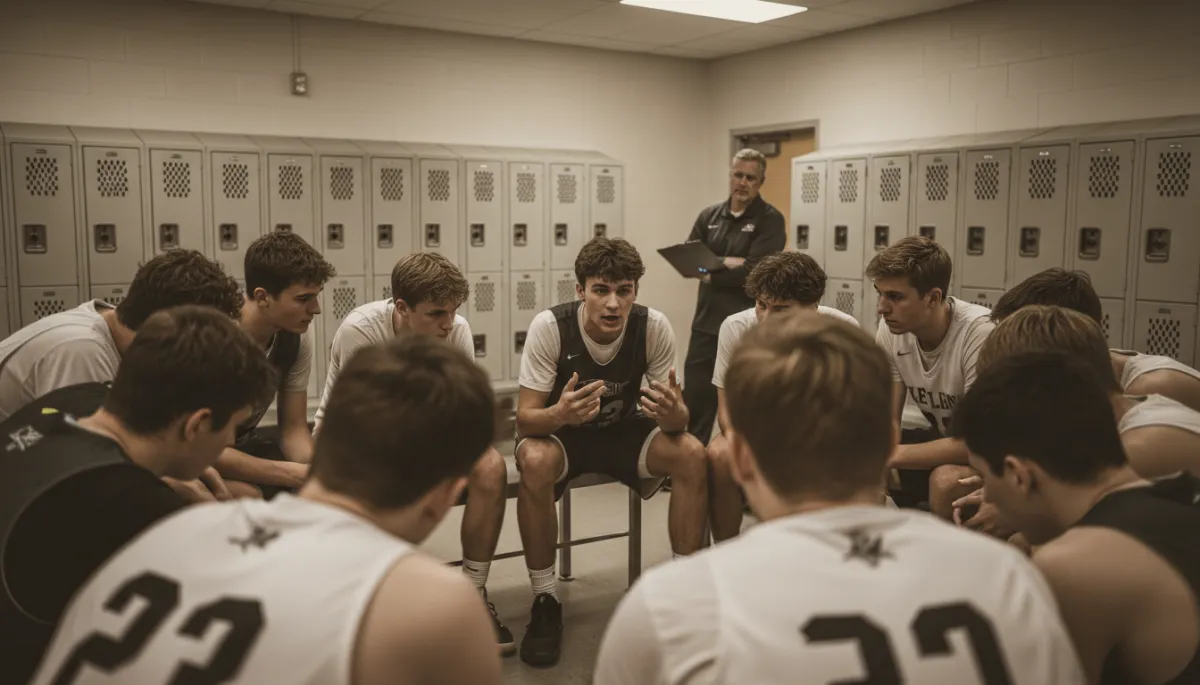 High school team huddling in the locker room before a game