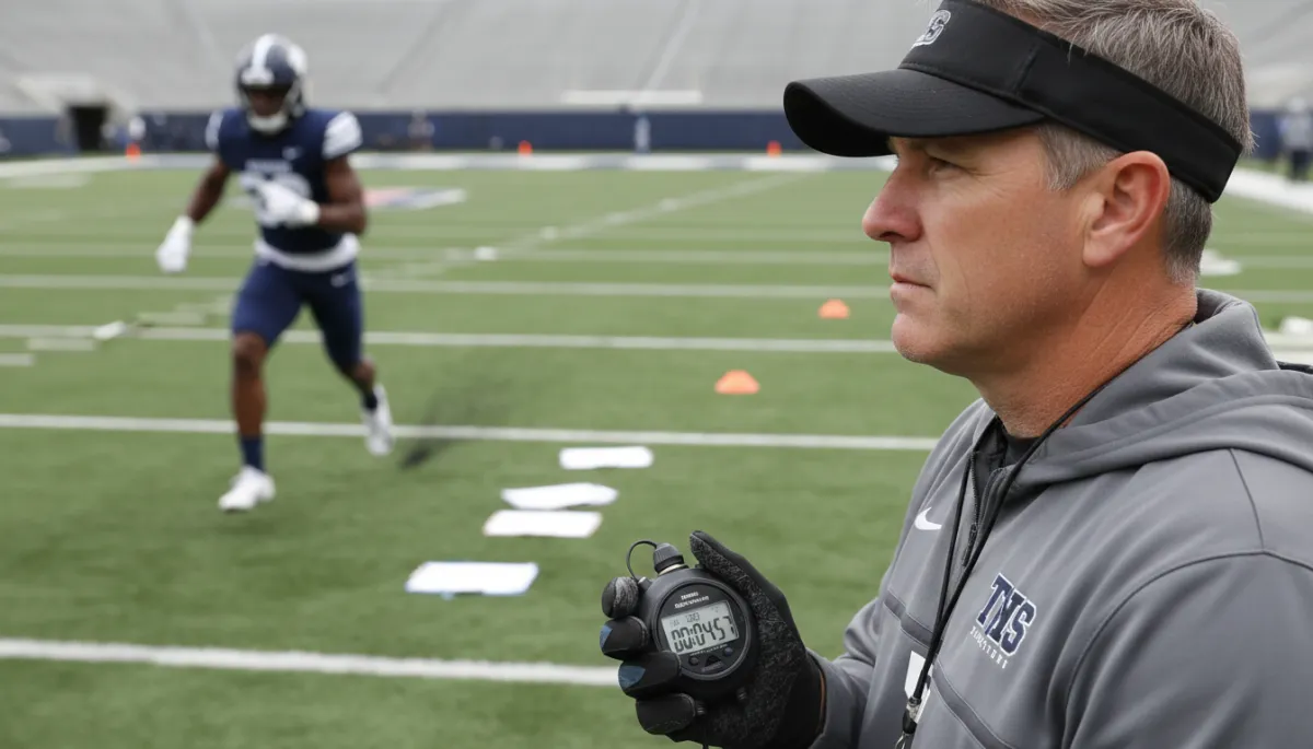 College football coach timing a 40-yard dash during a camp drill