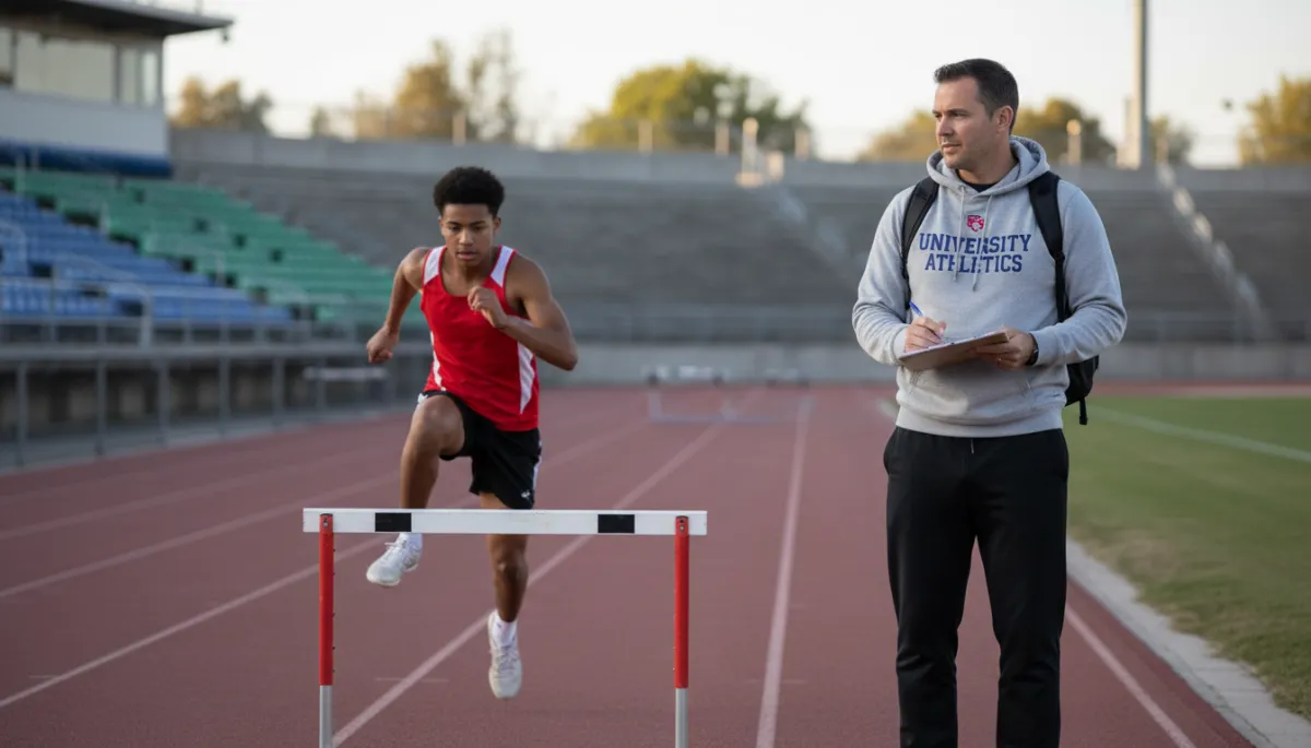 College coach observing a multi-sport athlete competing on a track