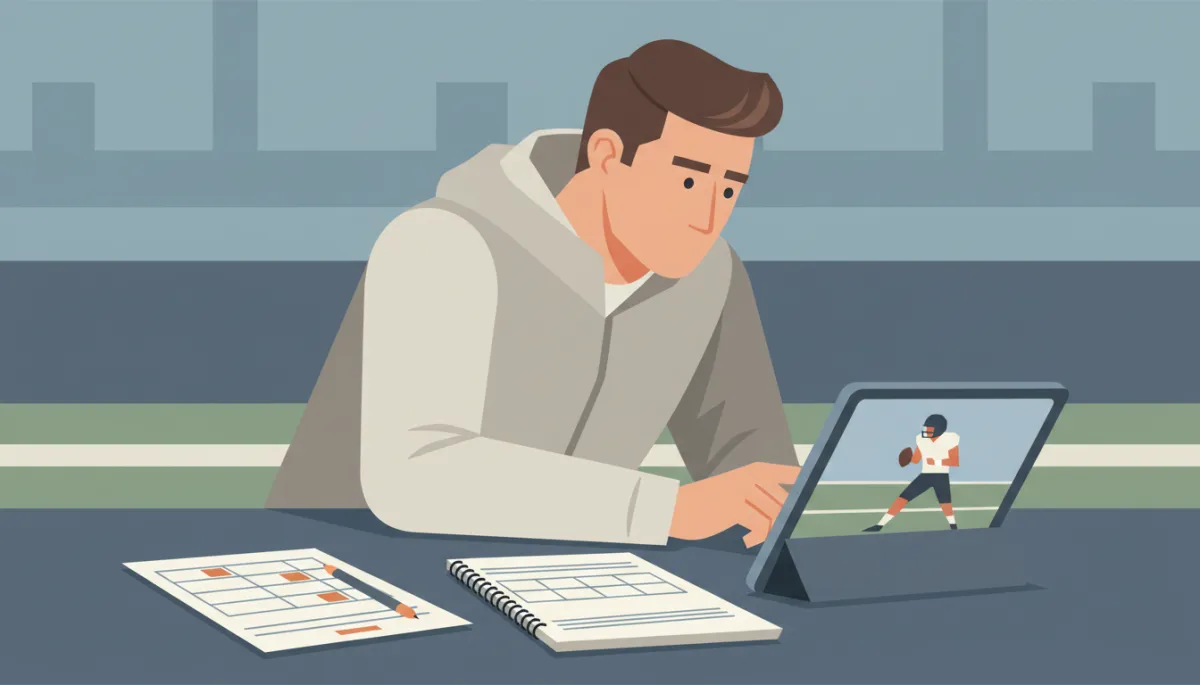 College football coach reviewing a recruit's game film on a tablet