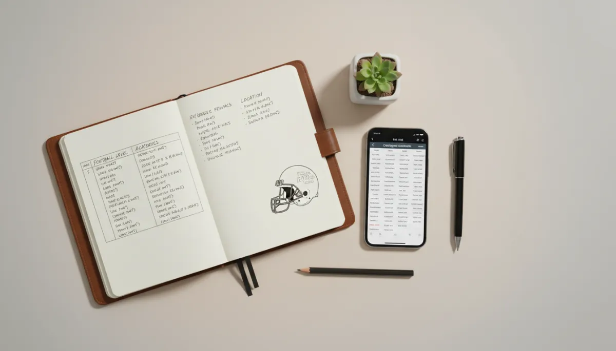 Notebook with organized target school list for college football recruiting