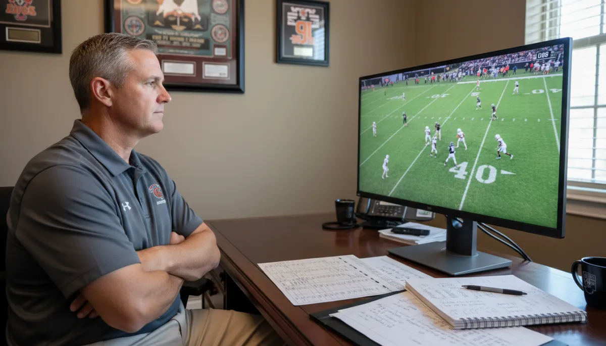 College football coach evaluating a high school player's game film on a monitor