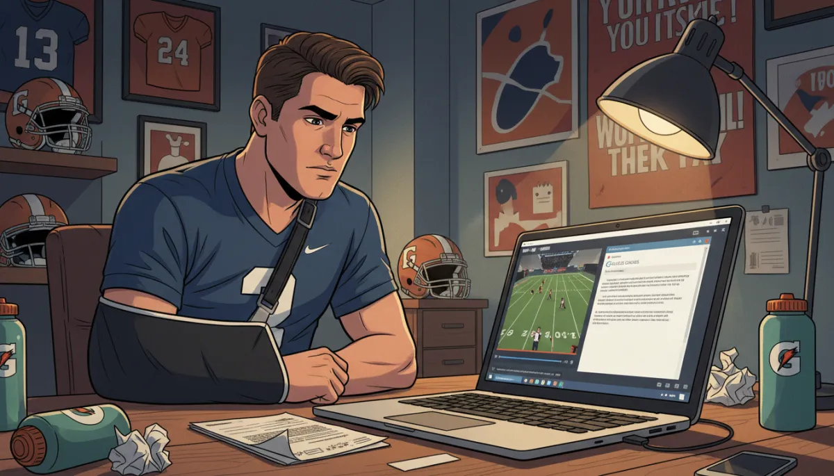 A high-quality, photorealistic image of an injured high school quarterback sitting at a desk, wearing a visible arm sling, looking at a laptop that displays game film and an email draft to college coaches. The room has sports memorabilia and motivational posters, conveying a focused and resilient atmosphere.