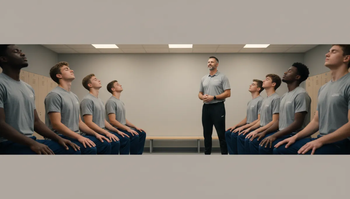 Student-athletes practicing breathing exercises together in a locker room