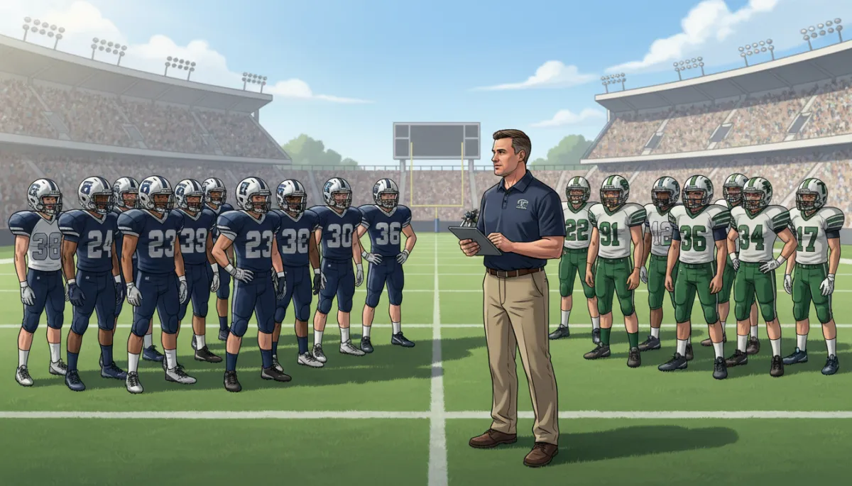 A realistic, detailed photograph of a college football recruiter on the sideline, evaluating two groups of high school football players: one group from a large, urban school (modern uniforms, many players) and another from a small, rural school (simple uniforms, fewer players). The recruiter is holding a clipboard or tablet, thoughtfully observing both teams. The background shows a clear stadium or field setting, with visible contrasts between the two groups. Lighting and facial expressions should be natural and lifelike. A realistic, detailed photograph of a college football recruiter on the sideline, evaluating two groups of high school football players: one group from a large, urban school (modern uniforms, many players) and another from a small, rural school (simple uniforms, fewer players). The recruiter is holding a clipboard or tablet, thoughtfully observing both teams. The background shows a clear stadium or field setting, with visible contrasts between the two groups. Lighting and facial expressions should be natural and lifelike.