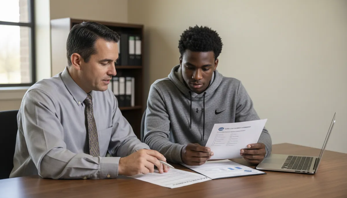 Guidance counselor and student-athlete reviewing academic transcript and NCAA core courses