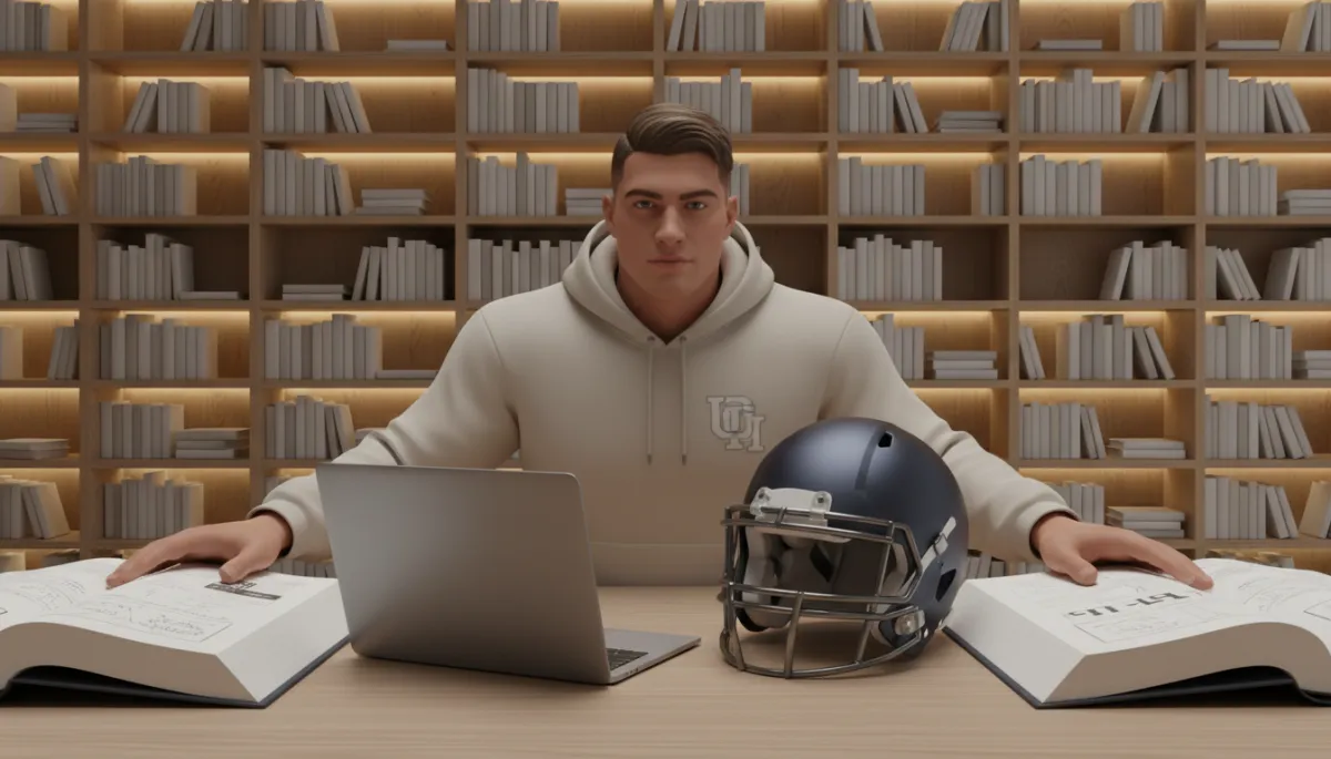 Student-athlete studying in a library with football gear nearby