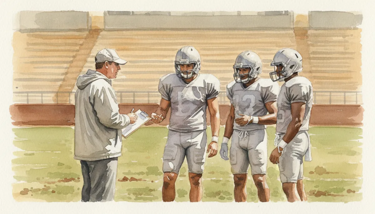College football coach giving instructions to preferred walk-on players during practice