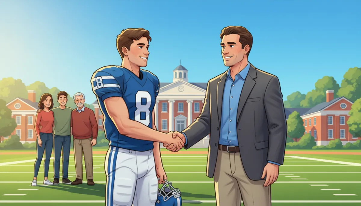 A dynamic, modern, high-resolution image showing a high school football player in uniform shaking hands with a college coach on a sunny football field, with supportive family members in the background and campus buildings visible. A dynamic, modern, high-resolution image showing a high school football player in uniform shaking hands with a college coach on a sunny football field, with supportive family members in the background and campus buildings visible.