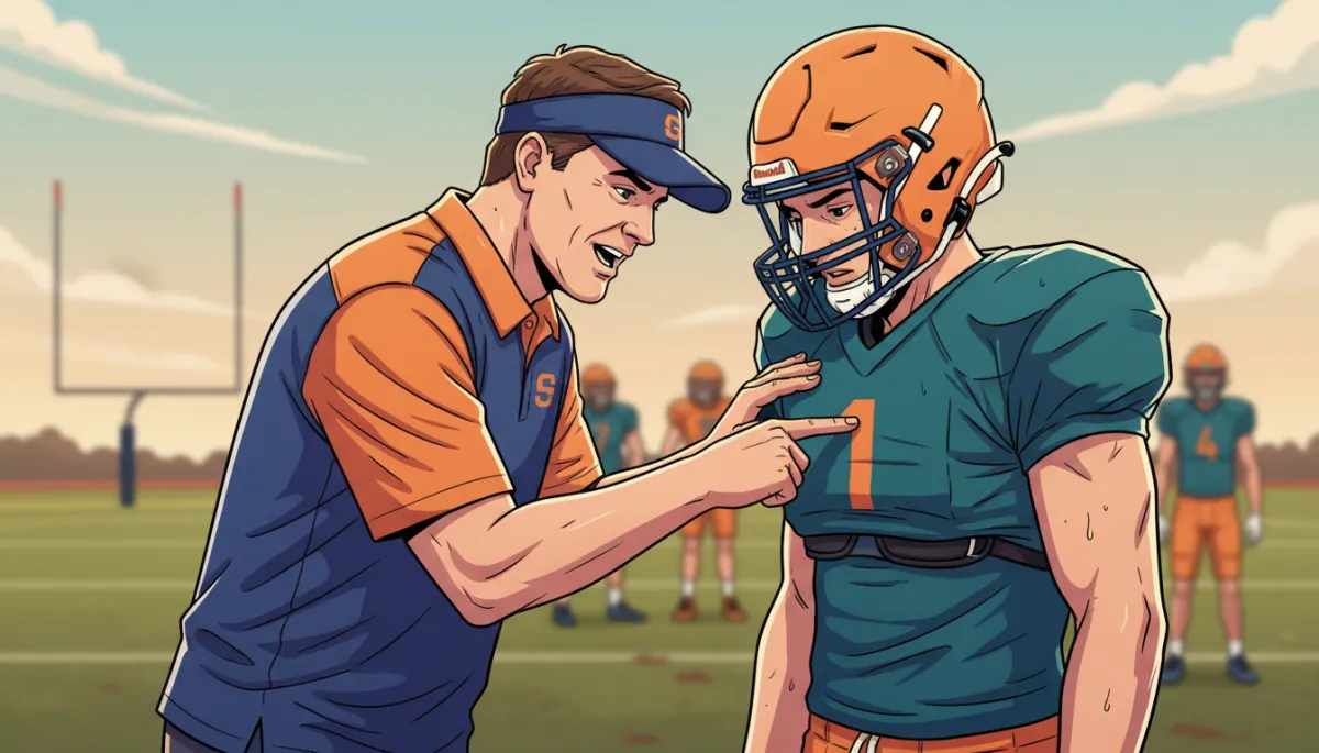 A vibrant, candid action photo of a college football coach giving direct feedback to a player during practice on a small college field, emphasizing personal interaction and teamwork. A vibrant, candid action photo of a college football coach giving direct feedback to a player during practice on a small college field, emphasizing personal interaction and teamwork.