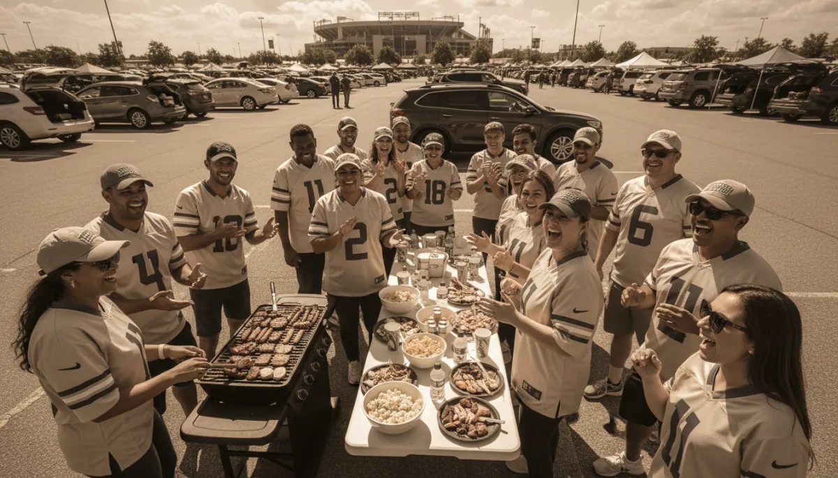 Fans enjoying a tailgate party before an American football game