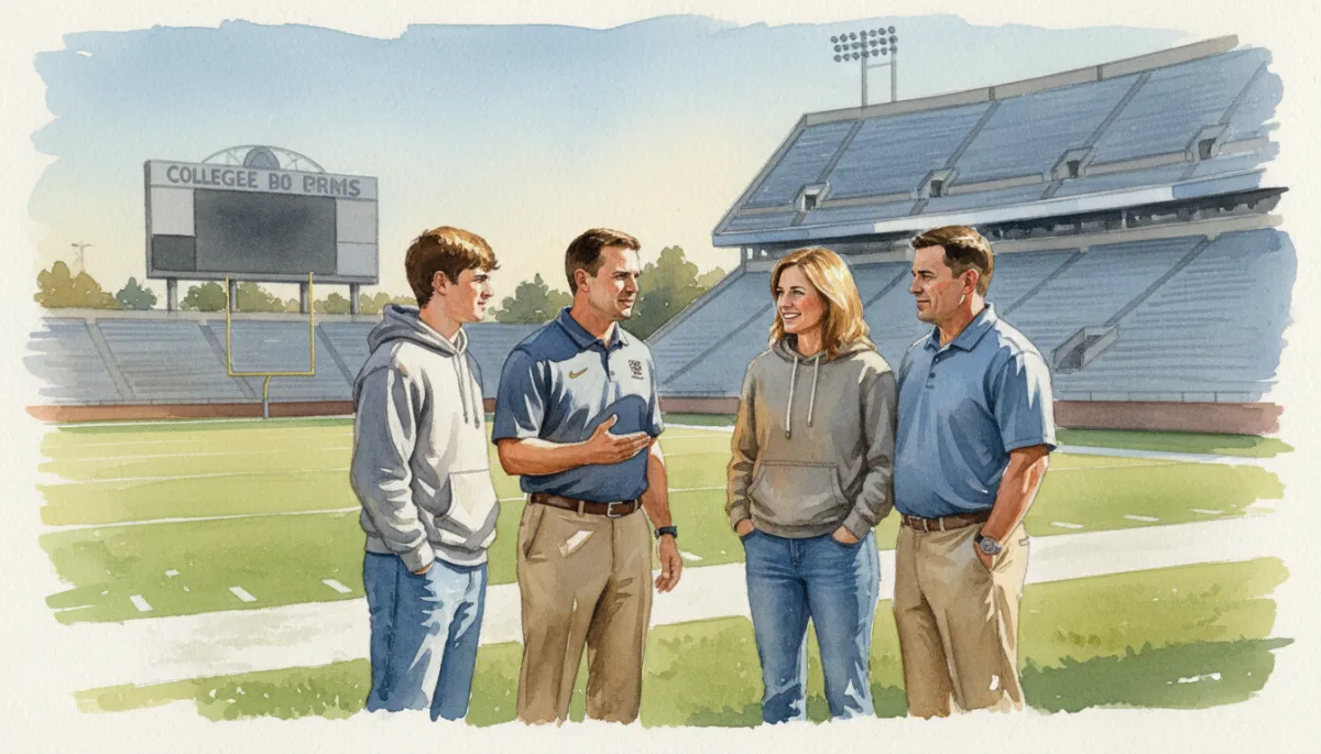 College football coach talking with a recruit and family on the sideline