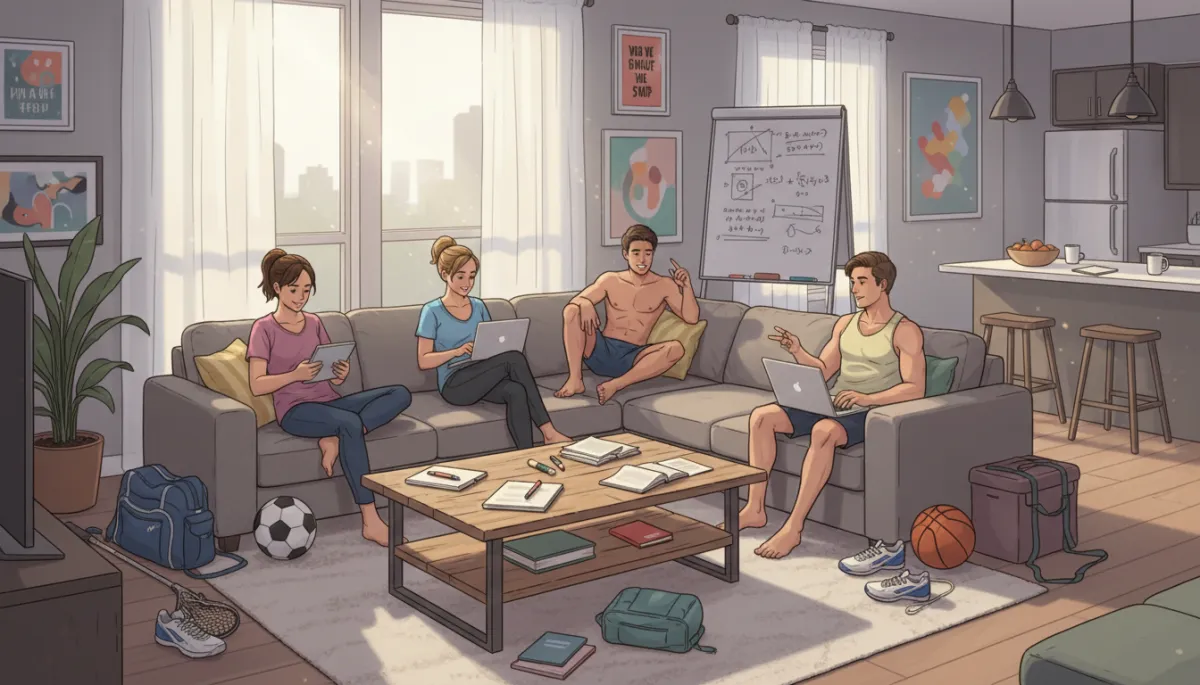 A highly realistic, high-resolution image of NCAA athletes relaxing and studying together in a modern, shared off-campus apartment; the setting includes comfortable furnishings, study materials, sports gear, and natural window light to emphasize a welcoming and authentic student-athlete environment.