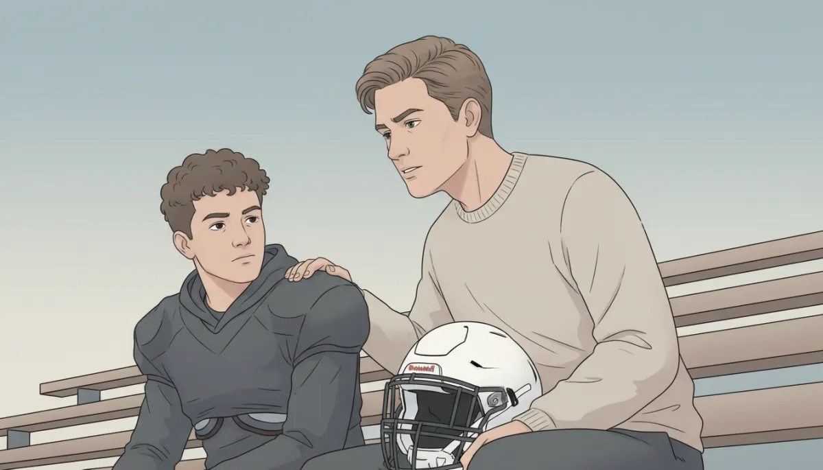 Parent talking with a high school football player after a game, checking on possible concussion symptoms