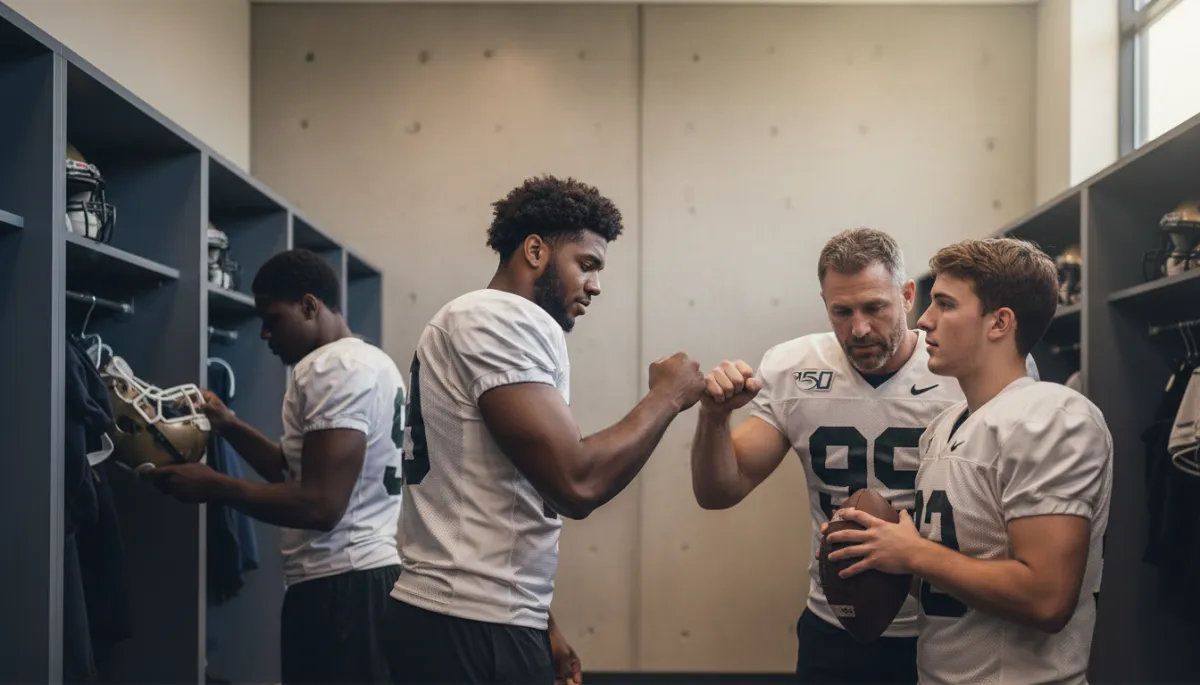 College football players building camaraderie and organizing their lockers