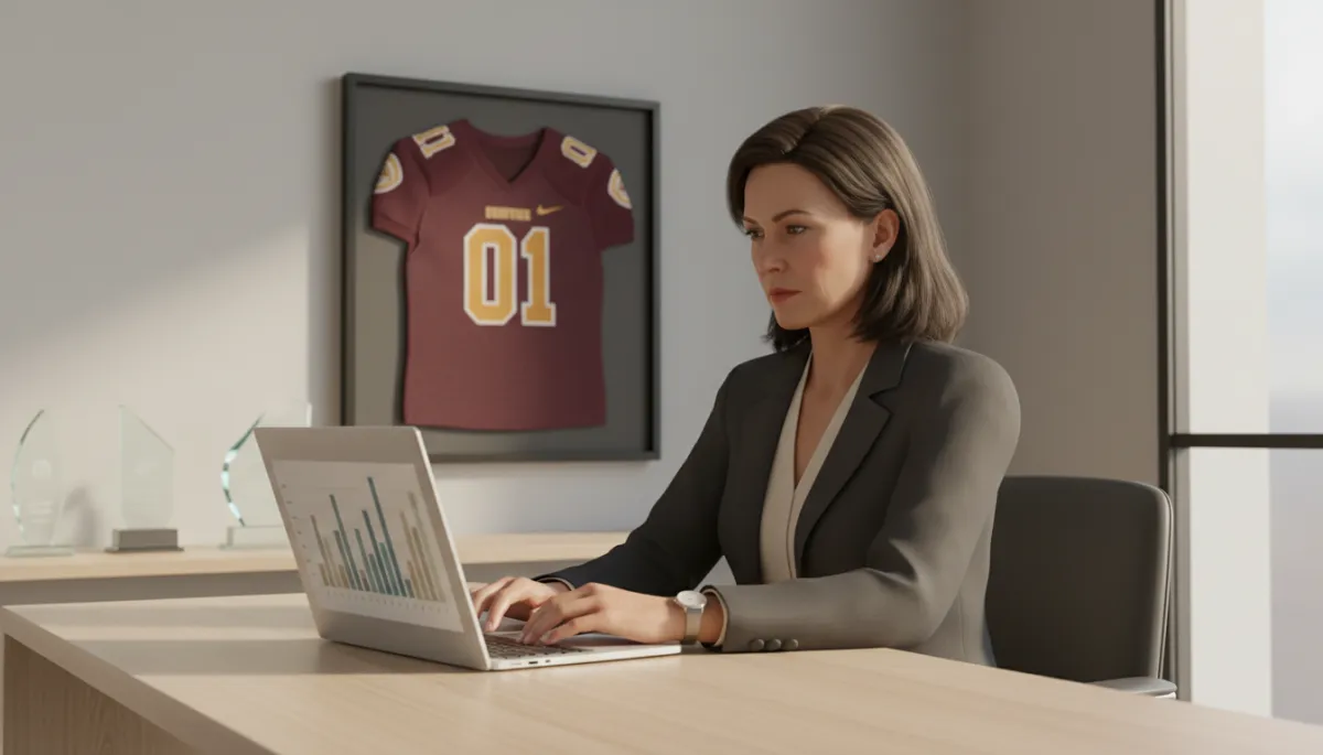 Athletic director reviewing financial performance of a college football program Athletic director reviewing financial performance of a college football program