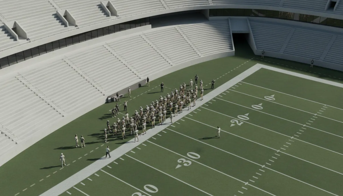 College football coaching staff and players gathered on the sideline in a professional, neutral style College football coaching staff and players gathered on the sideline in a professional, neutral style