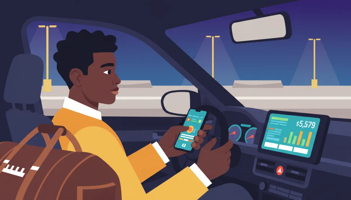 College athlete checking Uber earnings on a phone in a parked car