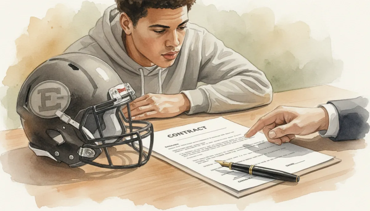 Attorney explaining key clauses in a college football contract to an athlete