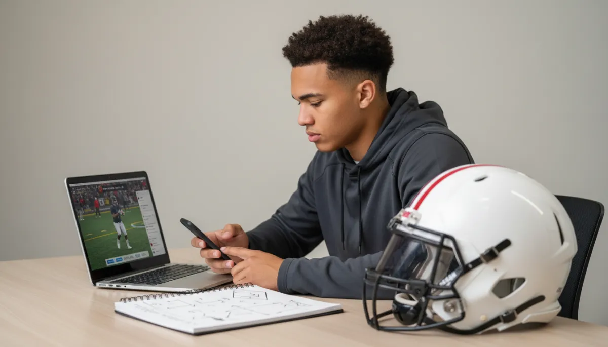 Football recruit managing social media and highlight film on laptop and phone