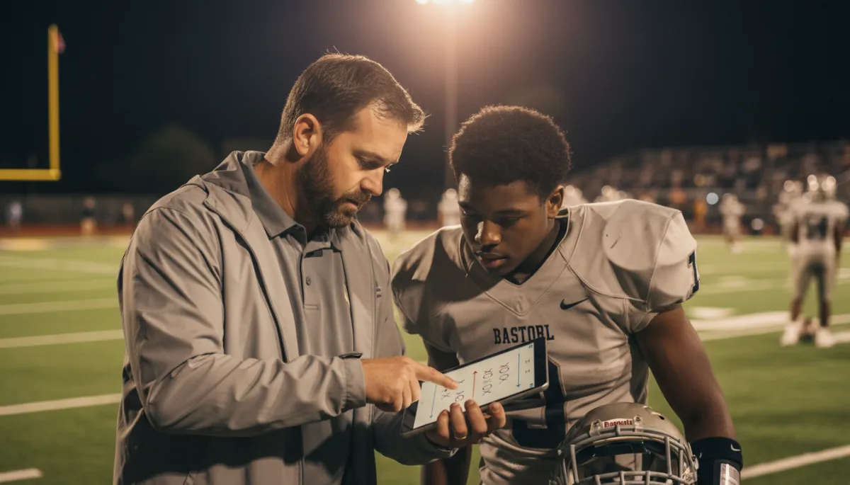 High school coach and player reviewing defensive plays on a tablet