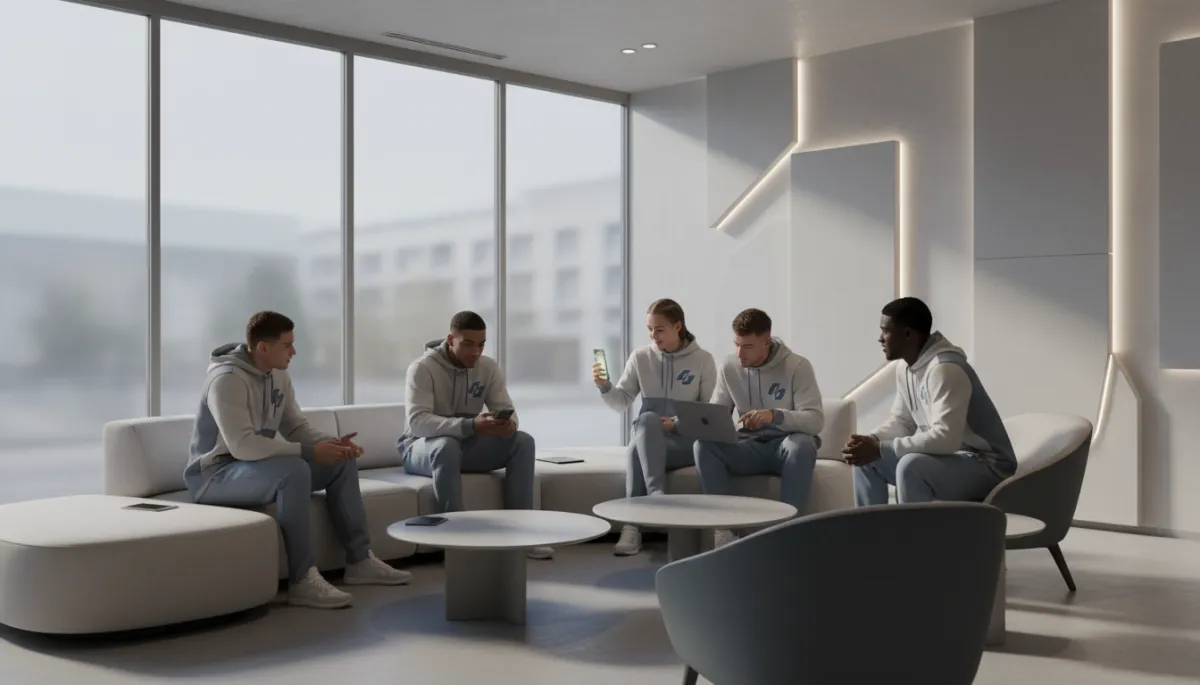 College athletes in a team lounge discussing recruiting offers and opportunities