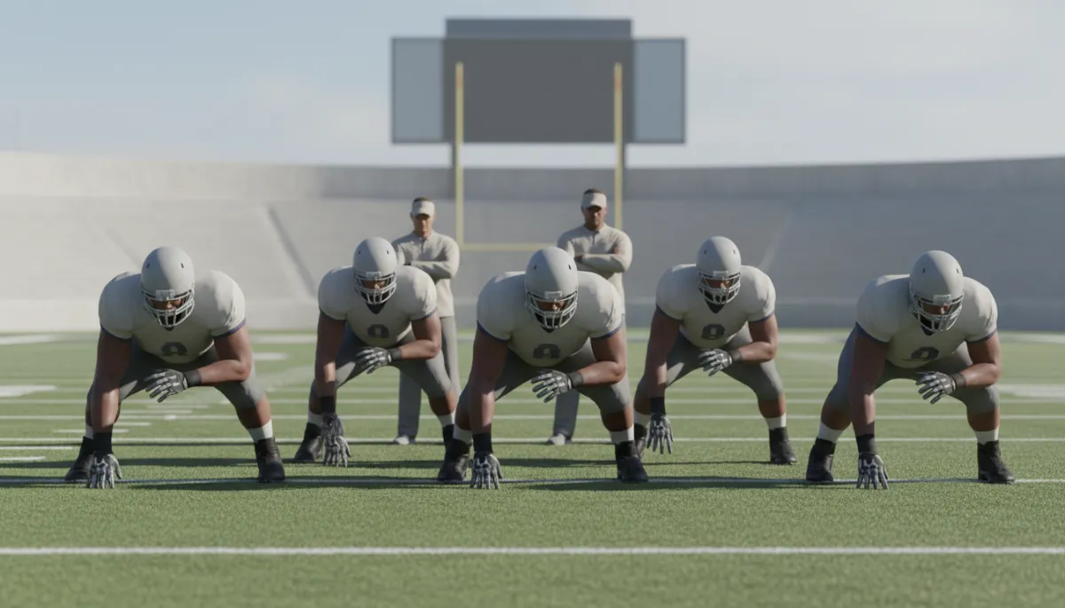 College offensive linemen lined up before a play