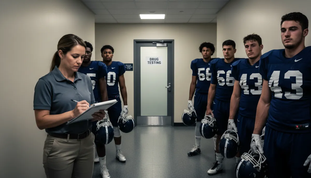 College football players waiting in line outside a drug testing room
