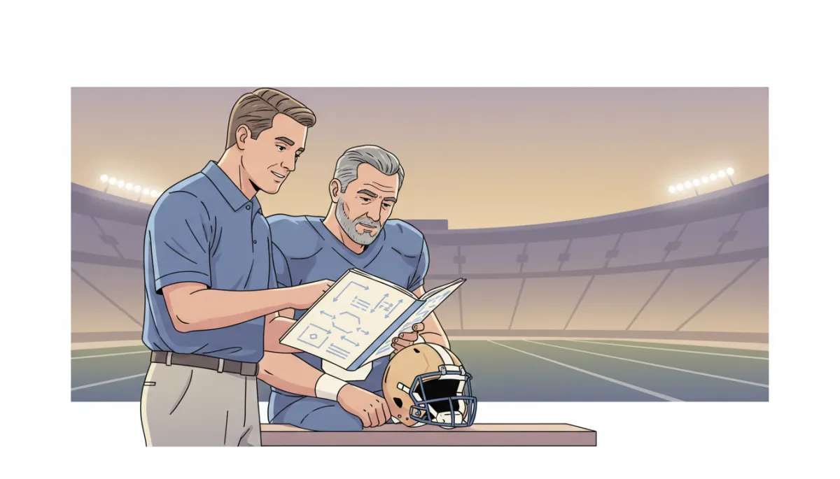 College football coach talking with an experienced player on the sideline
