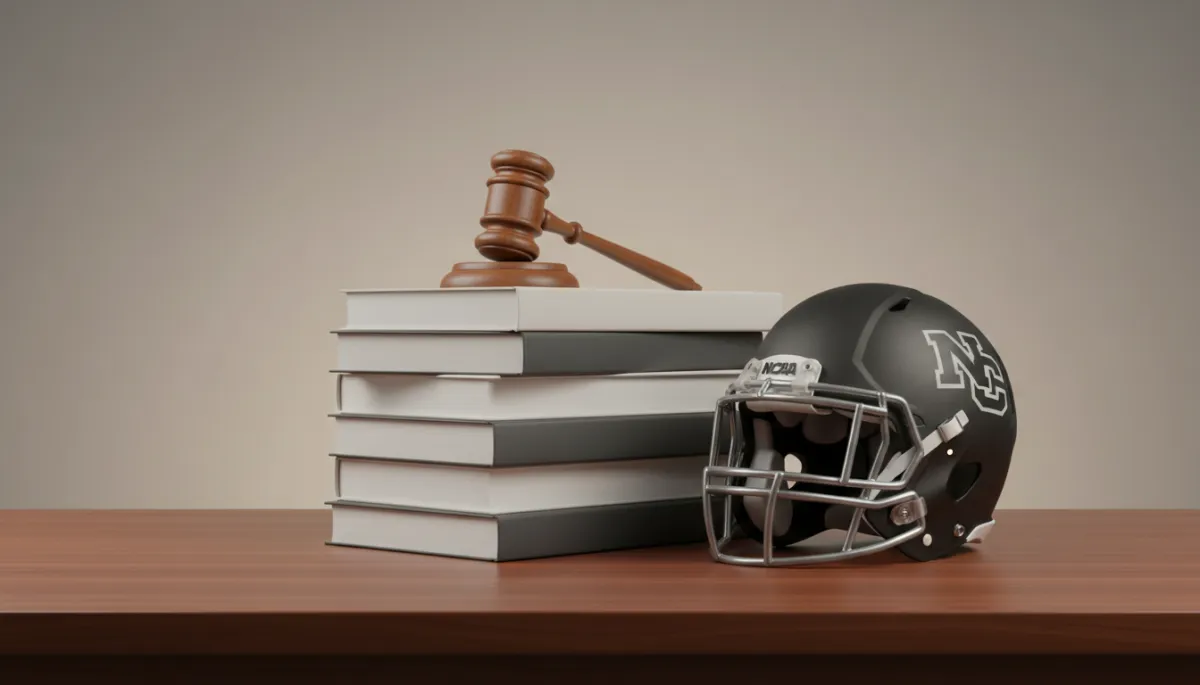 Gavel, NCAA rulebooks, and a college football helmet in a courtroom setting