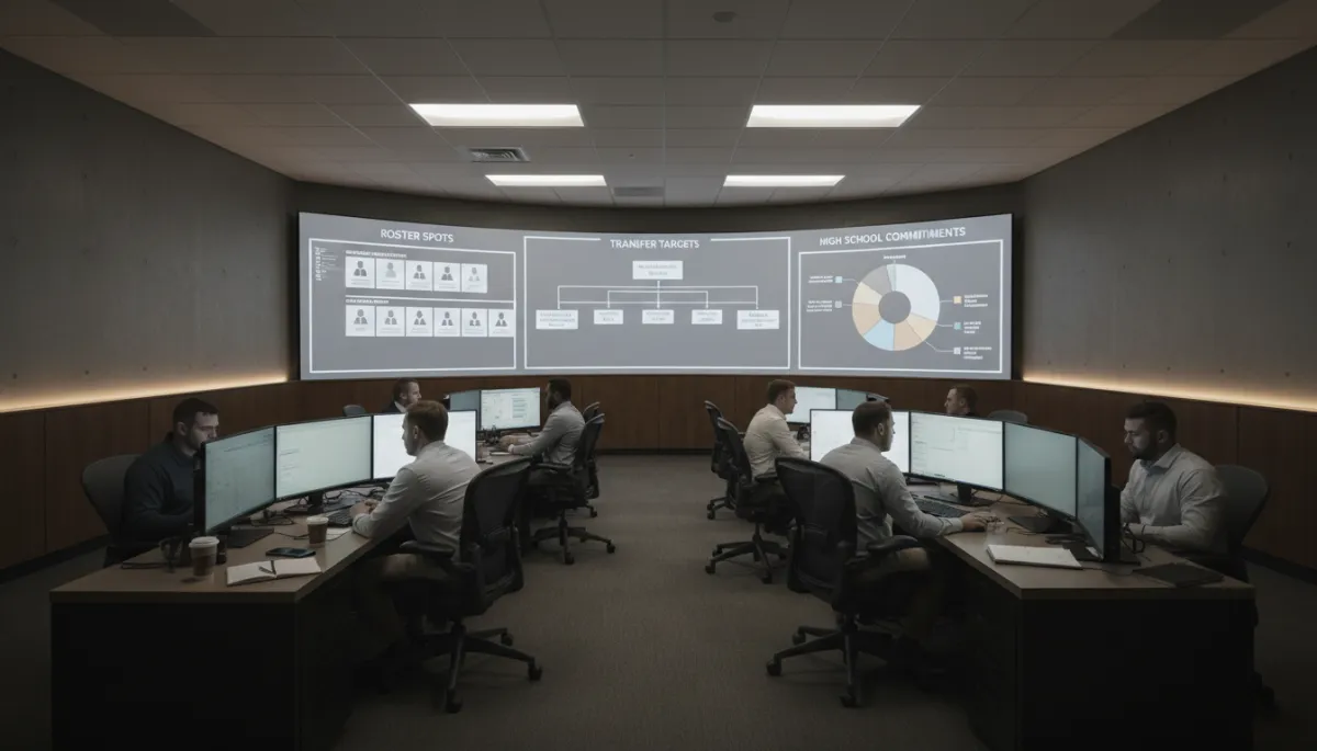 College recruiting staff analyzing roster needs and transfer portal targets in a war room
