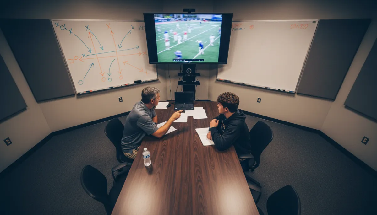 Coach and quarterback reviewing game film and route concepts