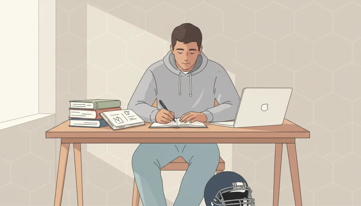 Student-athlete studying with a football helmet on the table