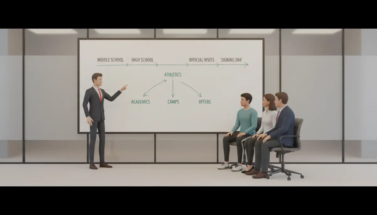 Coach-style presenter explaining the recruiting timeline to parents and a student-athlete