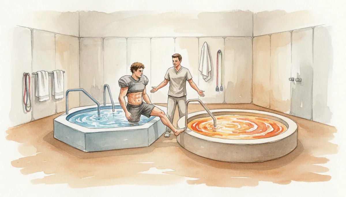 Football recruit alternating between cold plunge and warm whirlpool under trainer supervision