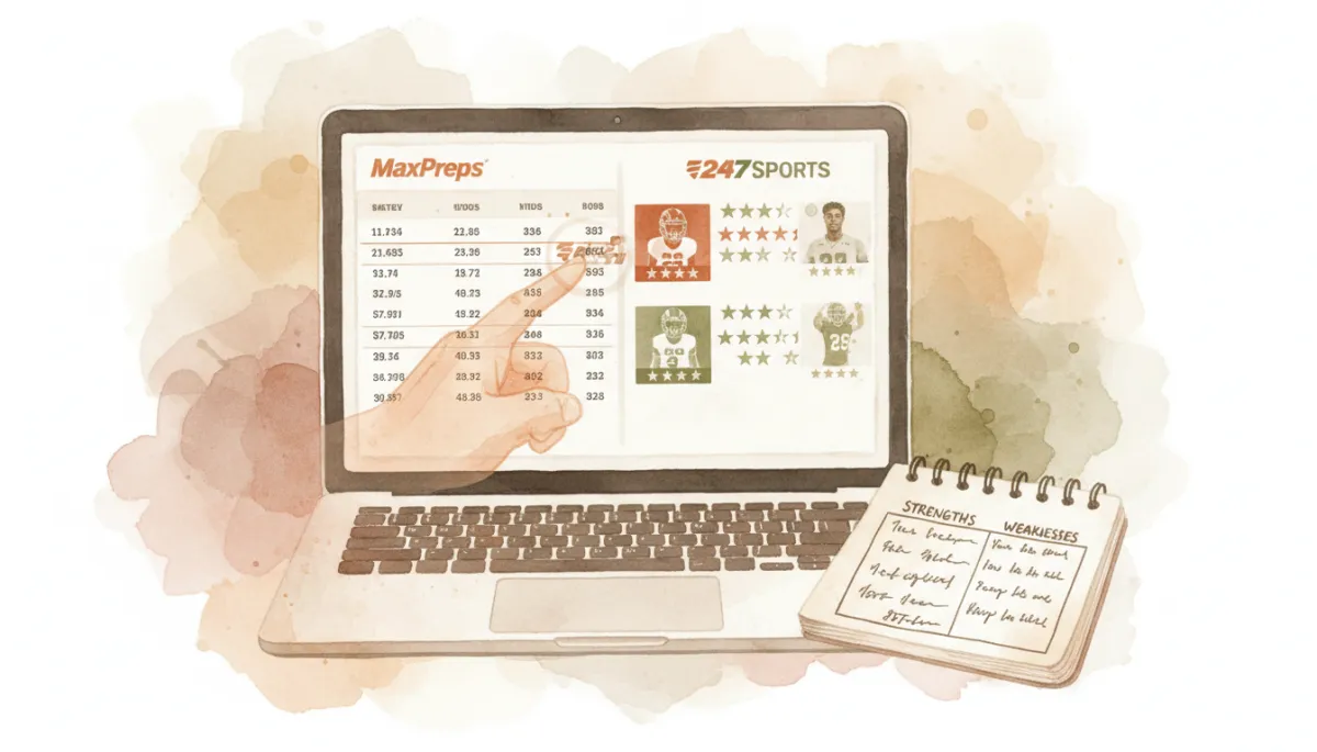 Laptop showing football stats alongside recruiting profiles being analyzed