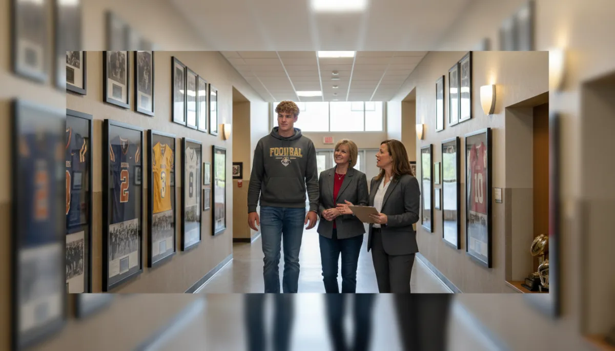 Recruiting coordinator leading a family through a college football facility