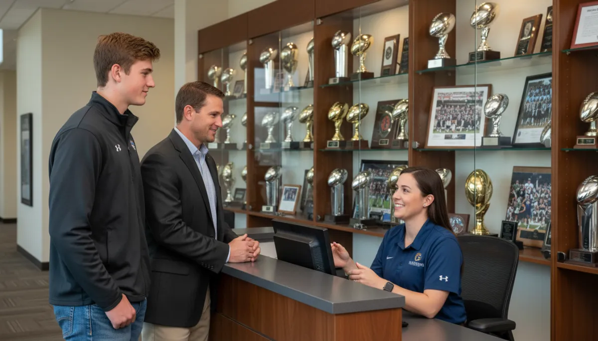 Football recruit and parent talking with an athletic department receptionist during a casual visit