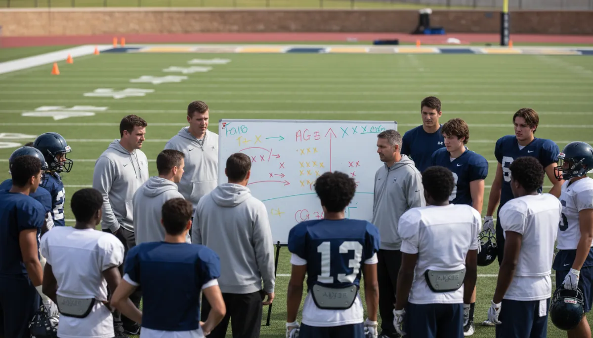 College football coaches reviewing plays with players during midweek practice