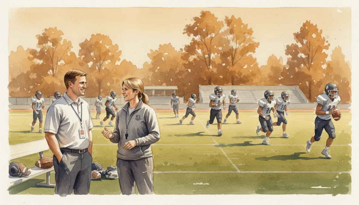 College recruiter speaking with a high school football coach on the sideline