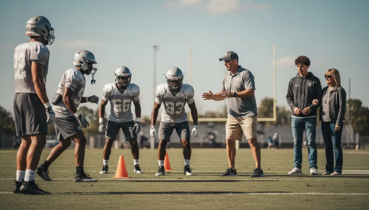 Position coach leading a high-tempo drill during spring practice Position coach leading a high-tempo drill during spring practice