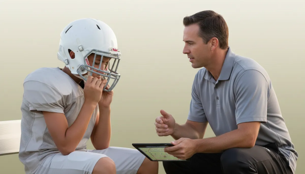 Coach reviewing plays with a young football player on the sideline