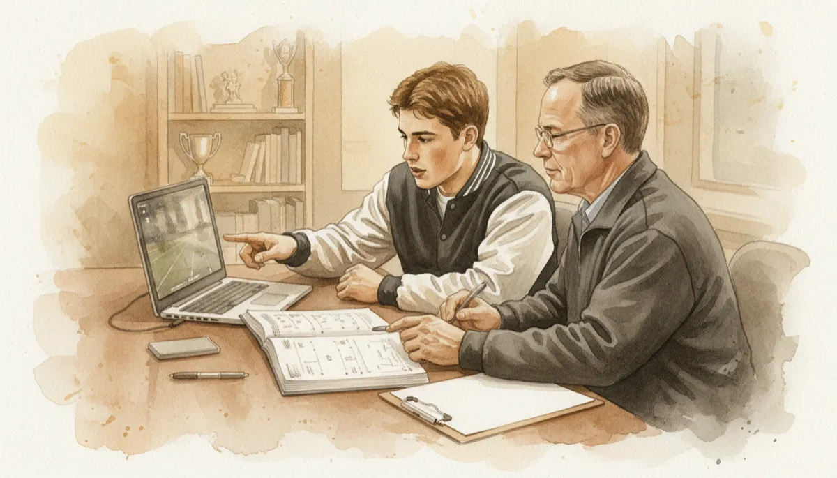 Football player and coach reviewing recruiting situation together Football player and coach reviewing recruiting situation together