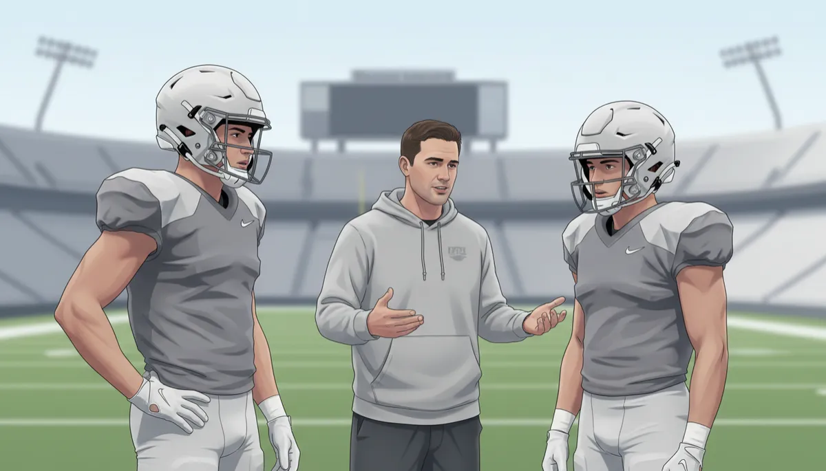 College football coach talking with two players at the same position during practice