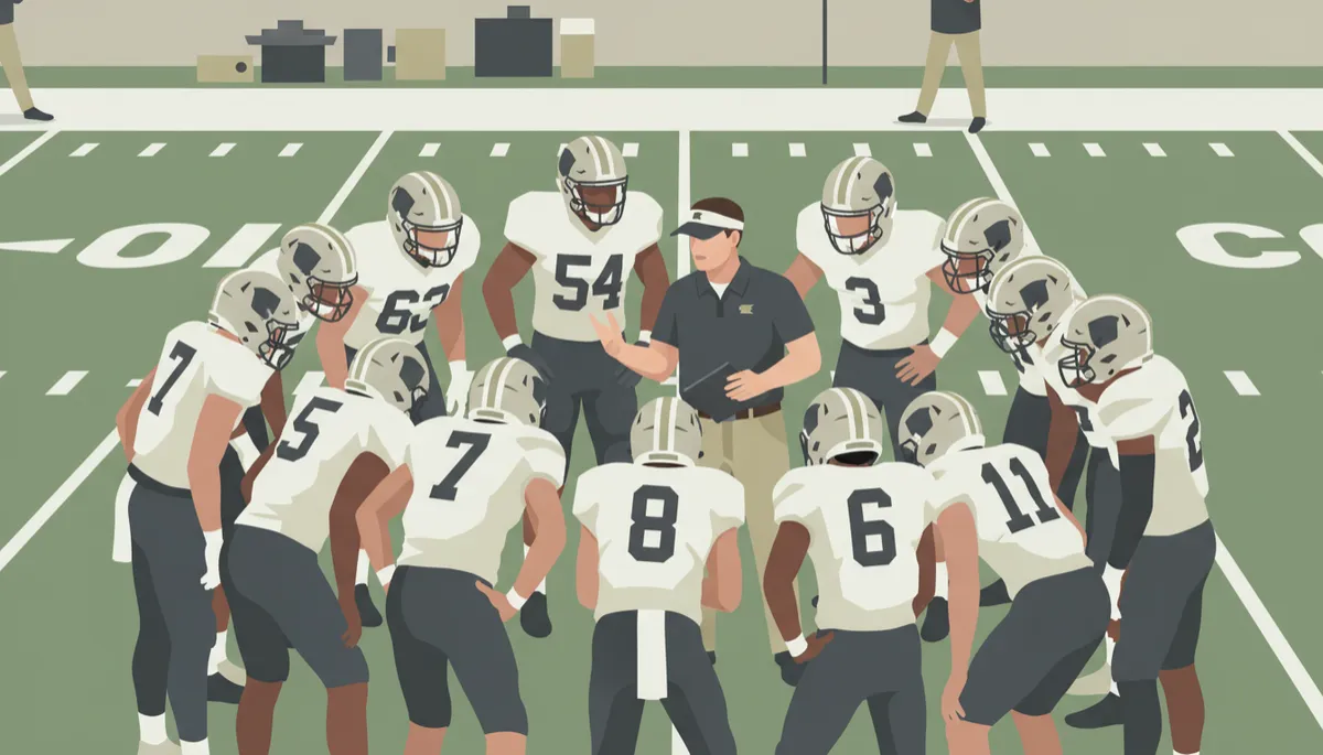 College special teams unit huddling around their coordinator during a timeout