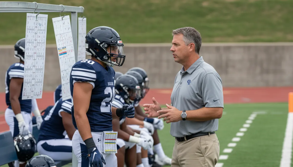 College football coach discussing role and position options with a versatile player on the sideline
