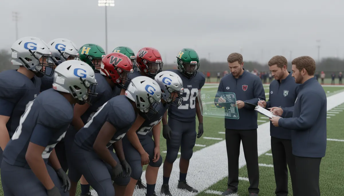 Co-op high school football team huddled on the sideline with coaches